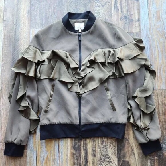 Cinq A Sept Leia Silk Satin-Ruffle Bomber Jacket Zip-Up Pocket Olive Green - S - Picture 6 of 6